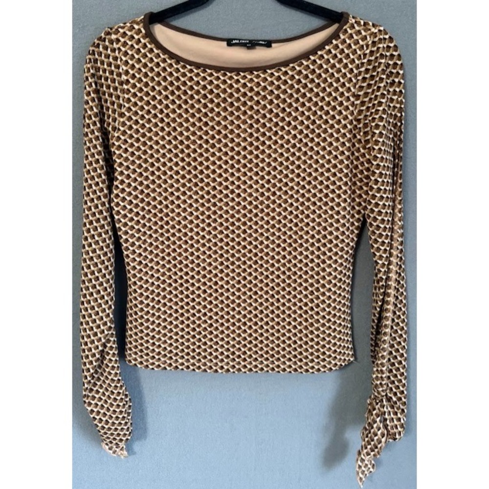 Vintage 90s Jaloux  Zalu  Blouse Women‎ Medium Brown Geometric Long Sleeve Retro